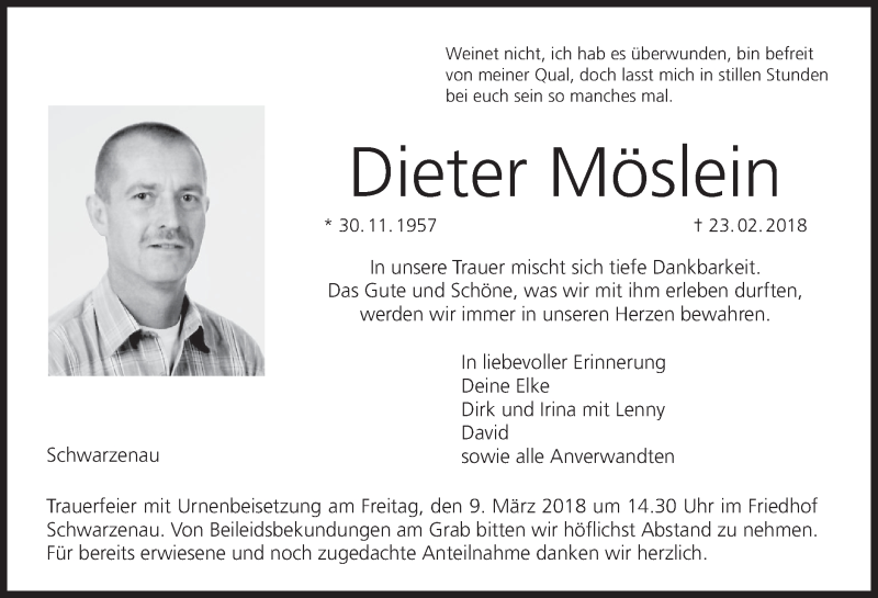  Traueranzeige für Dieter Möslein vom 06.03.2018 aus MGO