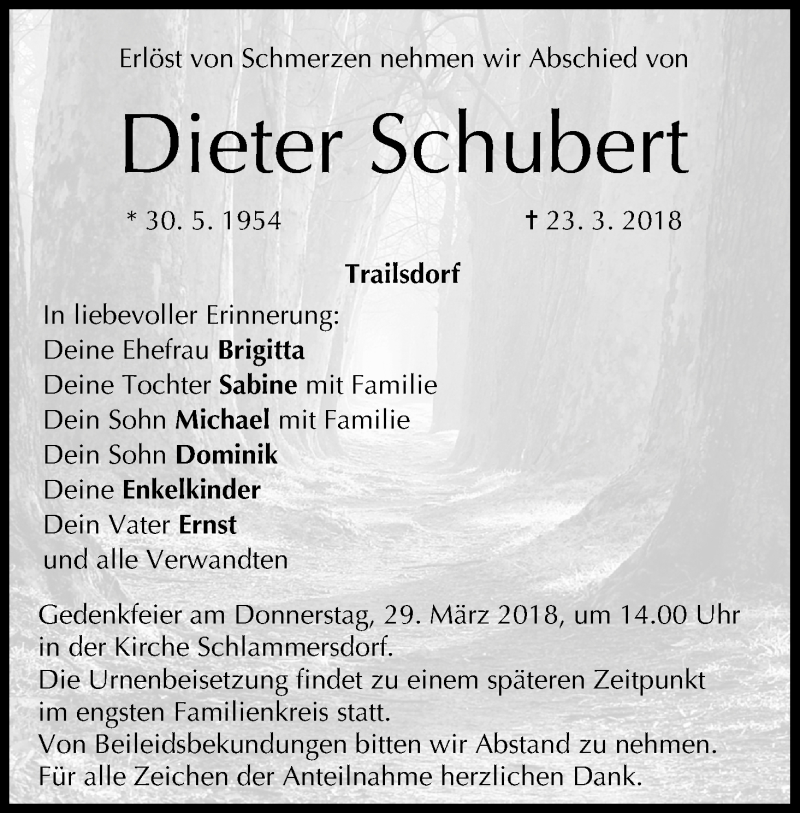  Traueranzeige für Dieter Schubert vom 26.03.2018 aus MGO