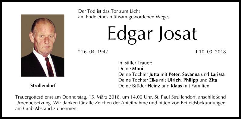  Traueranzeige für Edgar Josat vom 13.03.2018 aus MGO