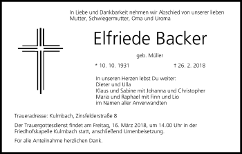 Anzeige von Elfriede Backer von MGO