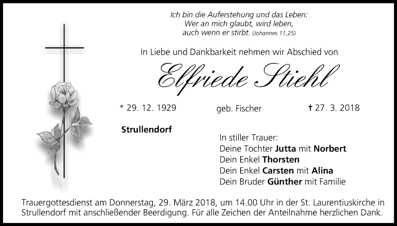  Traueranzeige für Elfriede Stiehl vom 28.03.2018 aus MGO