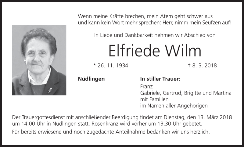  Traueranzeige für Elfriede Wilm vom 10.03.2018 aus MGO