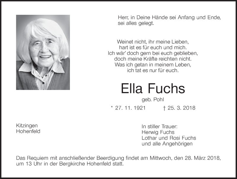  Traueranzeige für Ella Fuchs vom 27.03.2018 aus MGO
