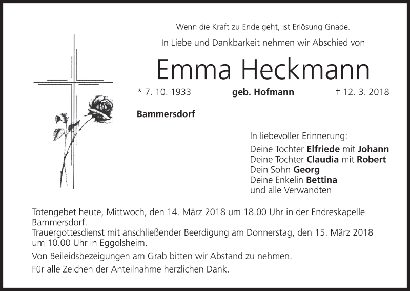  Traueranzeige für Emma Heckmann vom 14.03.2018 aus MGO