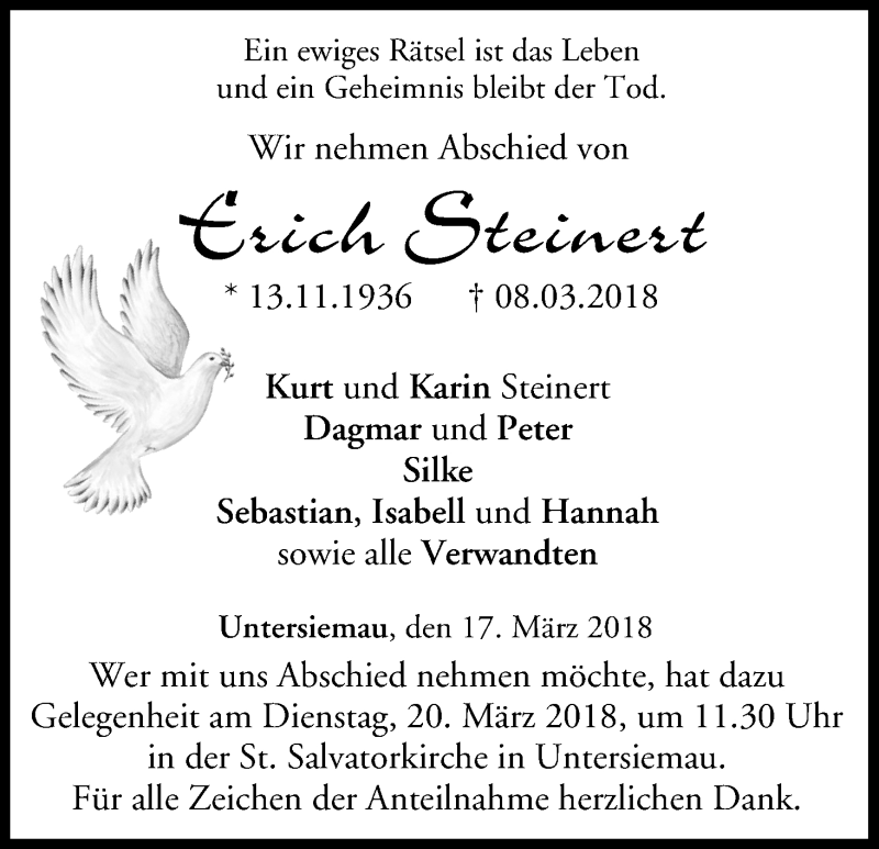  Traueranzeige für Erich Steinert vom 17.03.2018 aus MGO