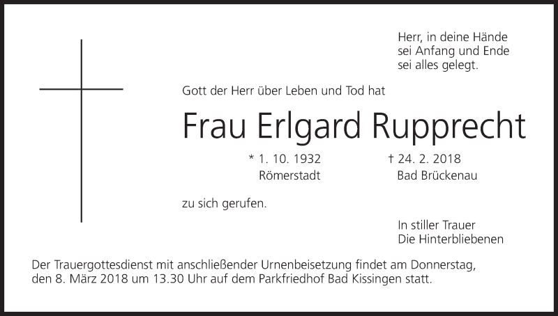  Traueranzeige für Erlgard Rupprecht vom 06.03.2018 aus MGO