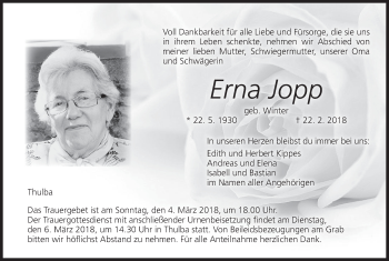 Anzeige von Erna Jopp von MGO