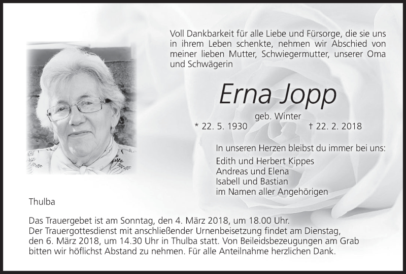  Traueranzeige für Erna Jopp vom 02.03.2018 aus MGO