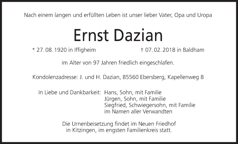  Traueranzeige für Ernst Dazian vom 03.03.2018 aus MGO