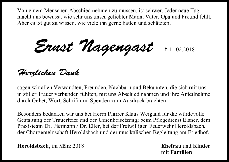 Traueranzeige für Ernst Nagengast vom 10.03.2018 aus MGO