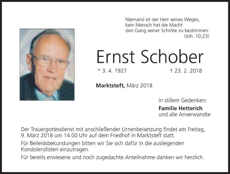  Traueranzeige für Ernst Schober vom 07.03.2018 aus MGO