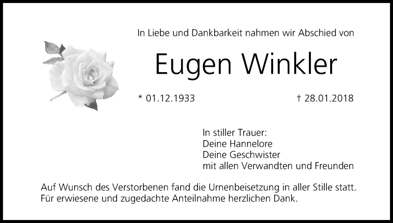  Traueranzeige für Eugen Winkler vom 07.03.2018 aus MGO