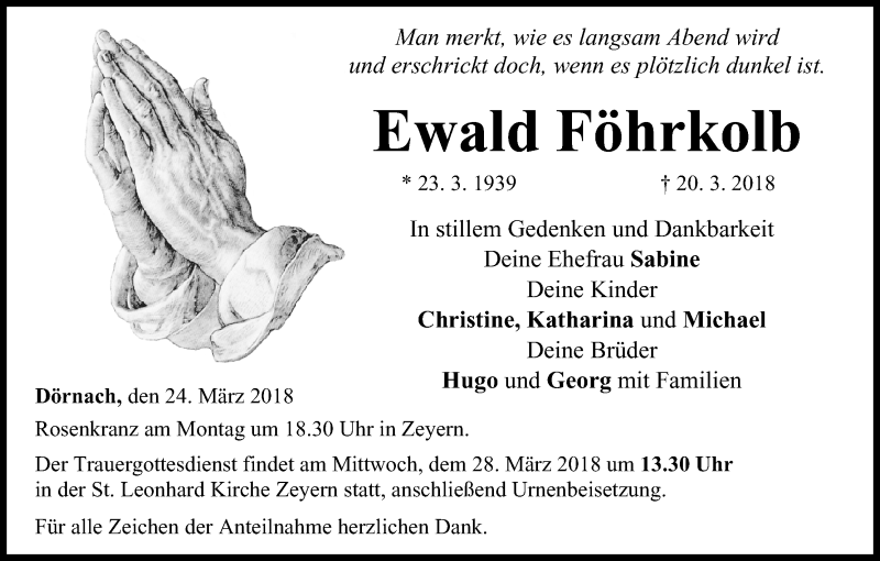 Traueranzeige für Ewald Föhrkolb vom 24.03.2018 aus MGO