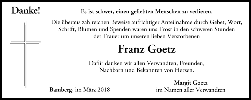  Traueranzeige für Franz Goetz vom 12.03.2018 aus MGO