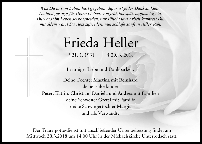  Traueranzeige für Frieda Heller vom 24.03.2018 aus MGO