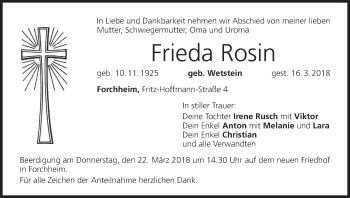 Anzeige von Frieda Rosin von MGO