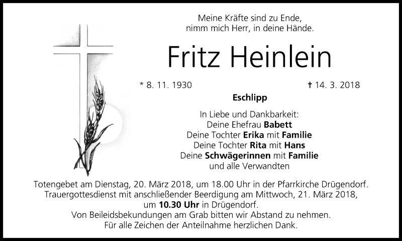  Traueranzeige für Fritz Heinlein vom 17.03.2018 aus MGO