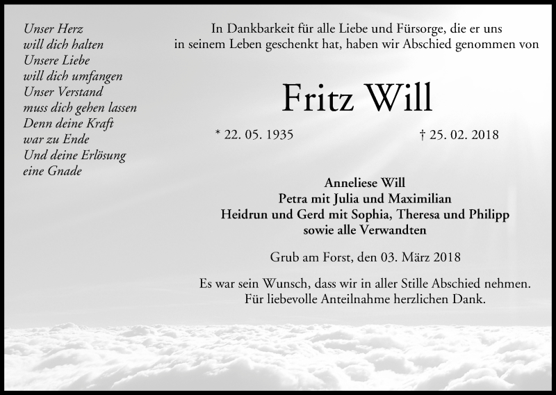  Traueranzeige für Fritz Will vom 03.03.2018 aus MGO