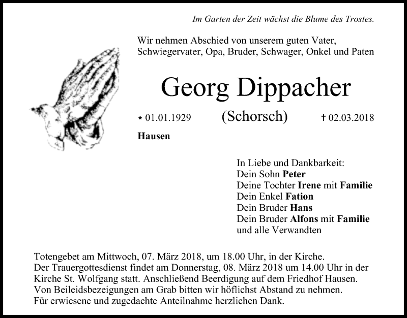  Traueranzeige für Georg Dippacher vom 06.03.2018 aus MGO