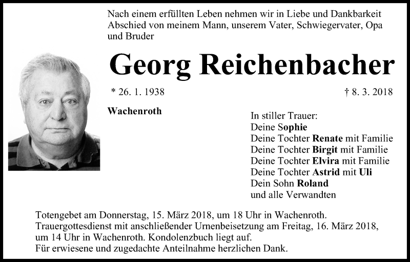  Traueranzeige für Georg Reichenbacher vom 14.03.2018 aus MGO