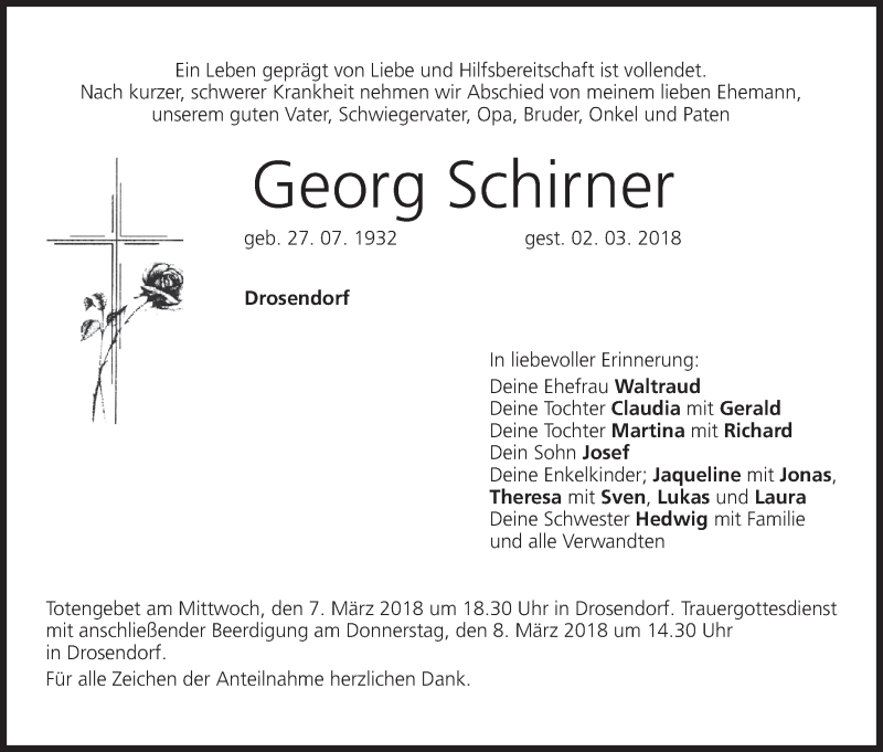  Traueranzeige für Georg Schirner vom 06.03.2018 aus MGO
