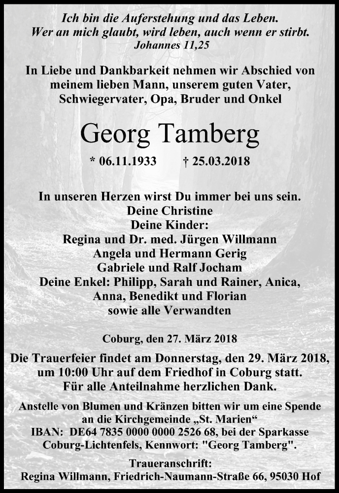  Traueranzeige für Georg Tarnberg vom 27.03.2018 aus MGO