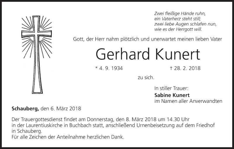  Traueranzeige für Gerhard Kunert vom 06.03.2018 aus MGO