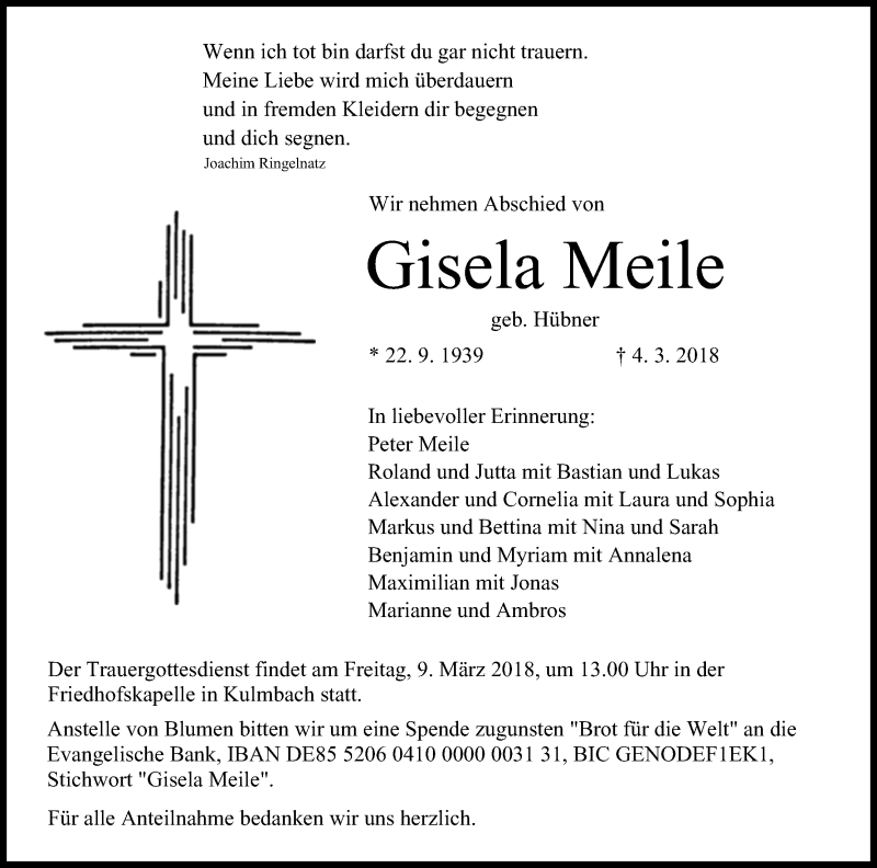  Traueranzeige für Gisela Meile vom 07.03.2018 aus MGO