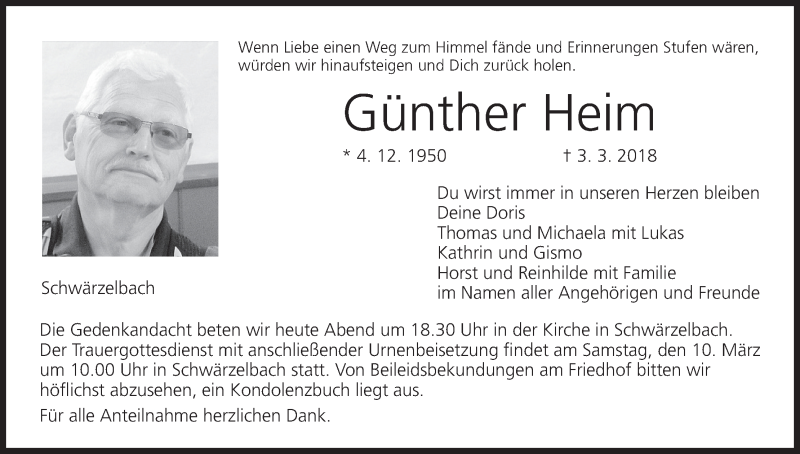  Traueranzeige für Günther Heim vom 06.03.2018 aus MGO