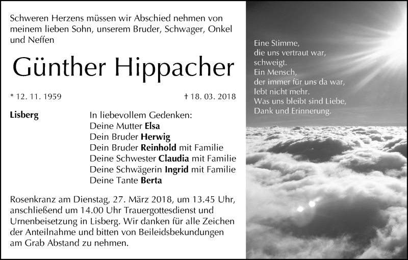  Traueranzeige für Günther Hippacher vom 23.03.2018 aus MGO