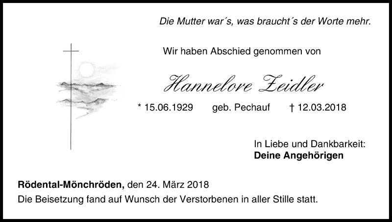  Traueranzeige für Hannelore Zeidler vom 24.03.2018 aus MGO