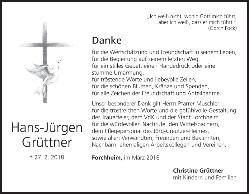  Traueranzeige für Hans-Jürgen Grüttner vom 24.03.2018 aus MGO