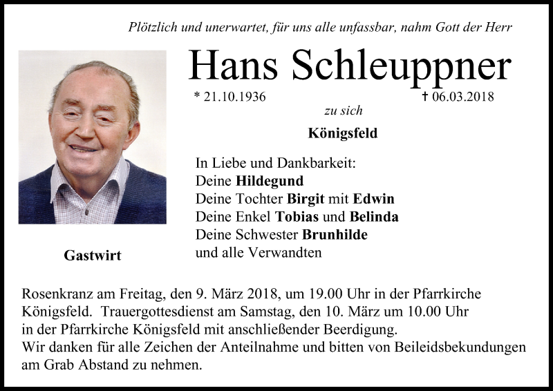  Traueranzeige für Hans Schleuppner vom 08.03.2018 aus MGO