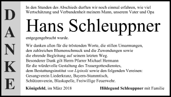 Anzeige von Hans Schleuppner von MGO