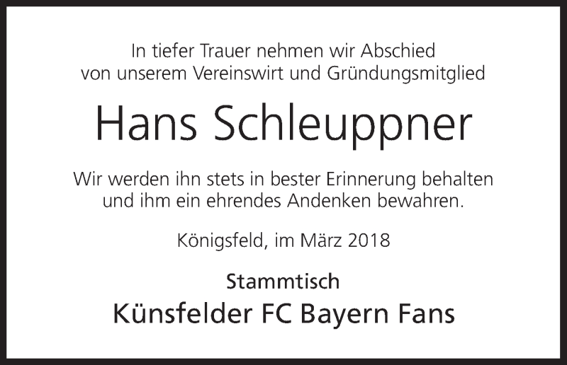  Traueranzeige für Hans Schleuppner vom 08.03.2018 aus MGO