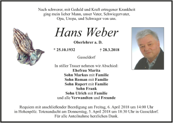 Anzeige von Hans Weber von MGO