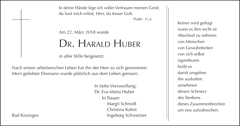  Traueranzeige für Harald Huber vom 24.03.2018 aus MGO