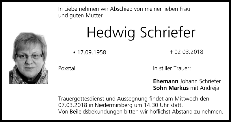  Traueranzeige für Hedwig Schriefer vom 05.03.2018 aus MGO