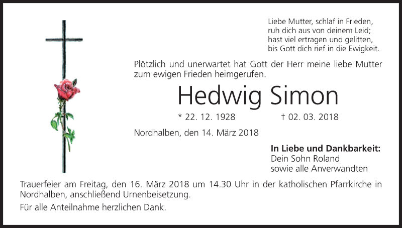  Traueranzeige für Hedwig Simon vom 14.03.2018 aus MGO