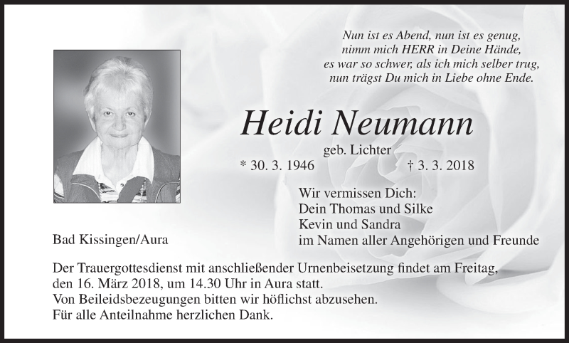  Traueranzeige für Heidi Neumann vom 10.03.2018 aus MGO
