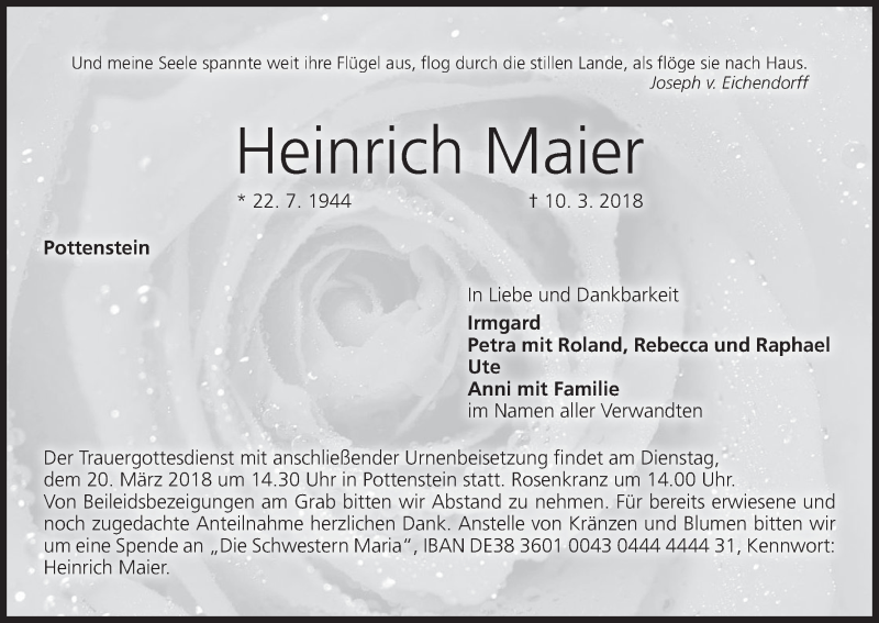  Traueranzeige für Heinrich Maier vom 17.03.2018 aus MGO