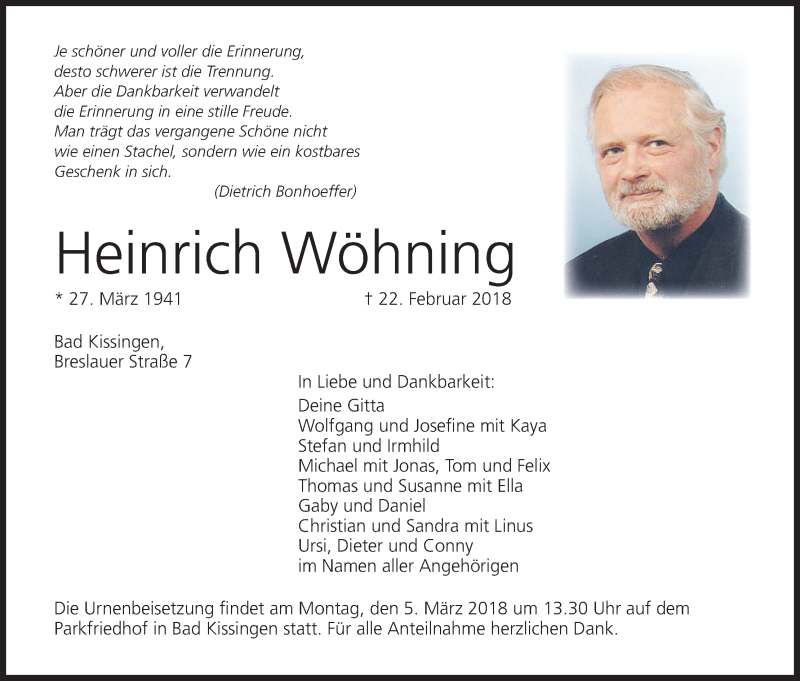  Traueranzeige für Heinrich Wöhning vom 02.03.2018 aus MGO