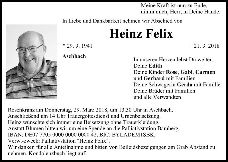  Traueranzeige für Heinz Felix vom 27.03.2018 aus MGO