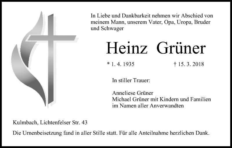  Traueranzeige für Heinz Grüner vom 31.03.2018 aus MGO