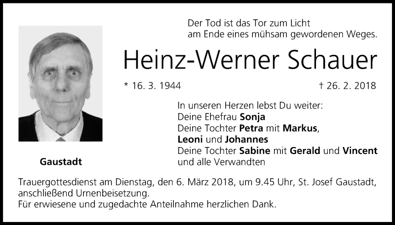  Traueranzeige für Heinz-Werner Schauer vom 03.03.2018 aus MGO