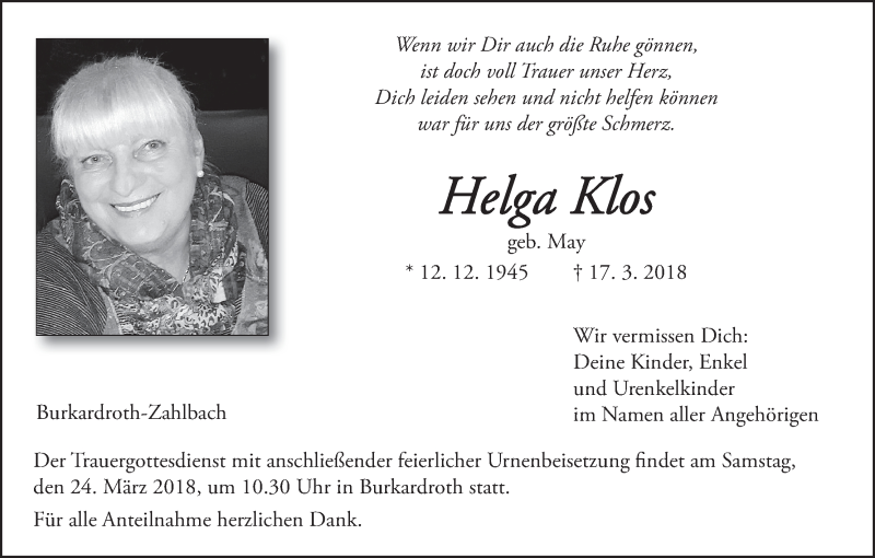 Traueranzeige für Helga Klos vom 22.03.2018 aus MGO