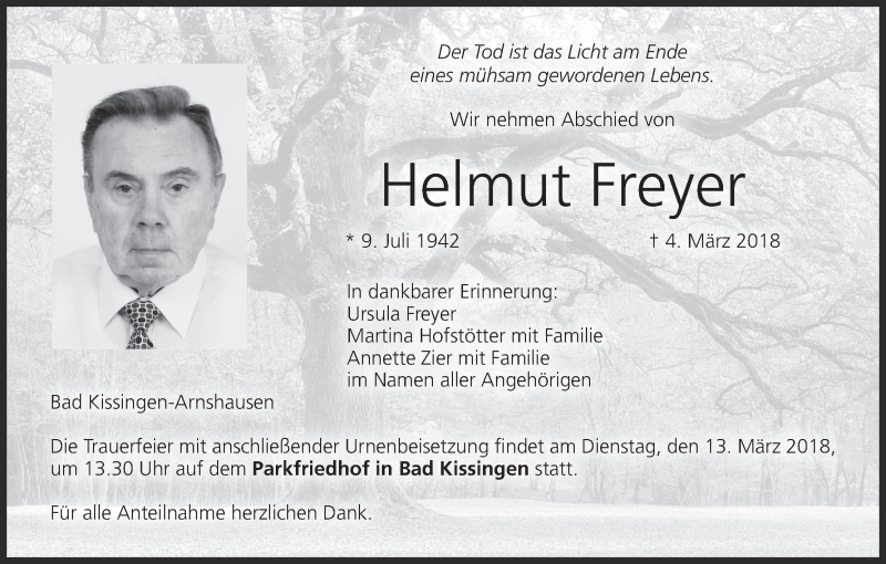  Traueranzeige für Helmut Freyer vom 07.03.2018 aus MGO