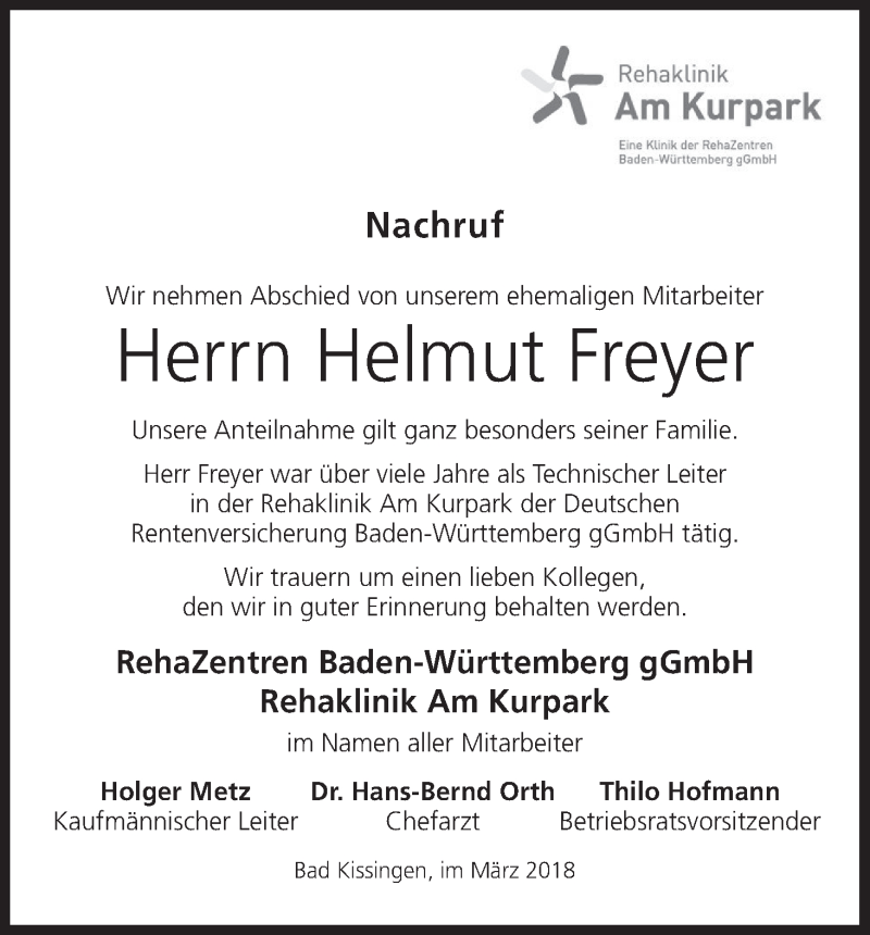  Traueranzeige für Helmut Freyer vom 10.03.2018 aus MGO