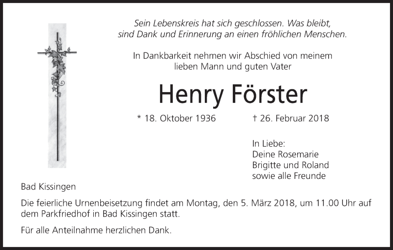  Traueranzeige für Henry Förster vom 01.03.2018 aus MGO