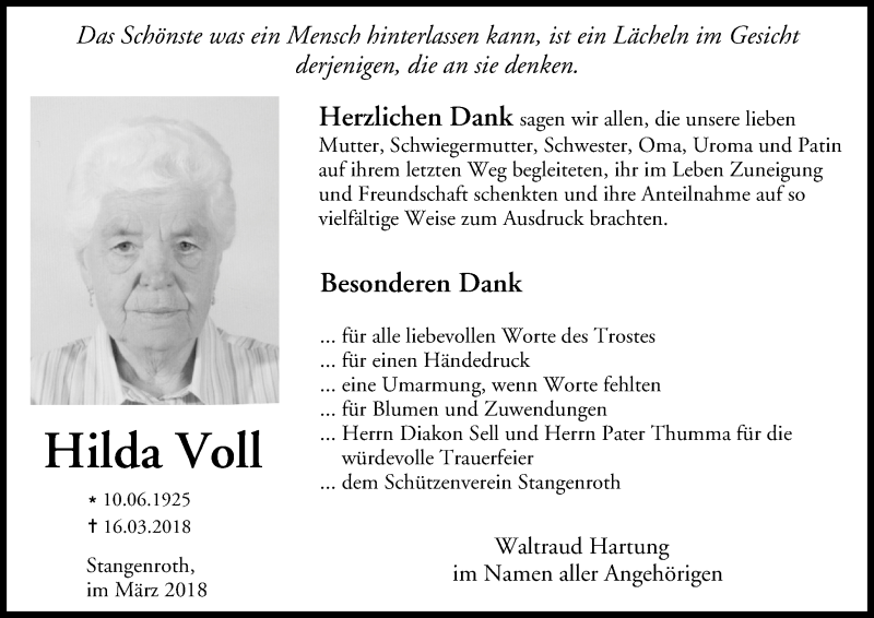  Traueranzeige für Hilda Voll vom 31.03.2018 aus MGO